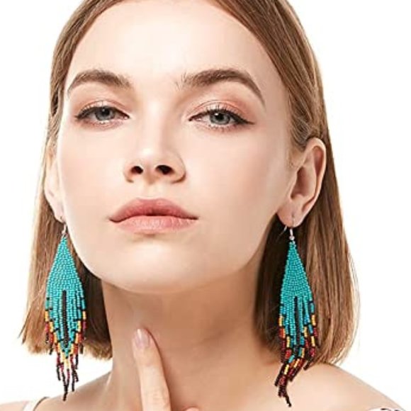 Long 5" Turquoise Red Southwestern Beaded Large Oversized Bohemian Earrings New - Picture 2 of 7